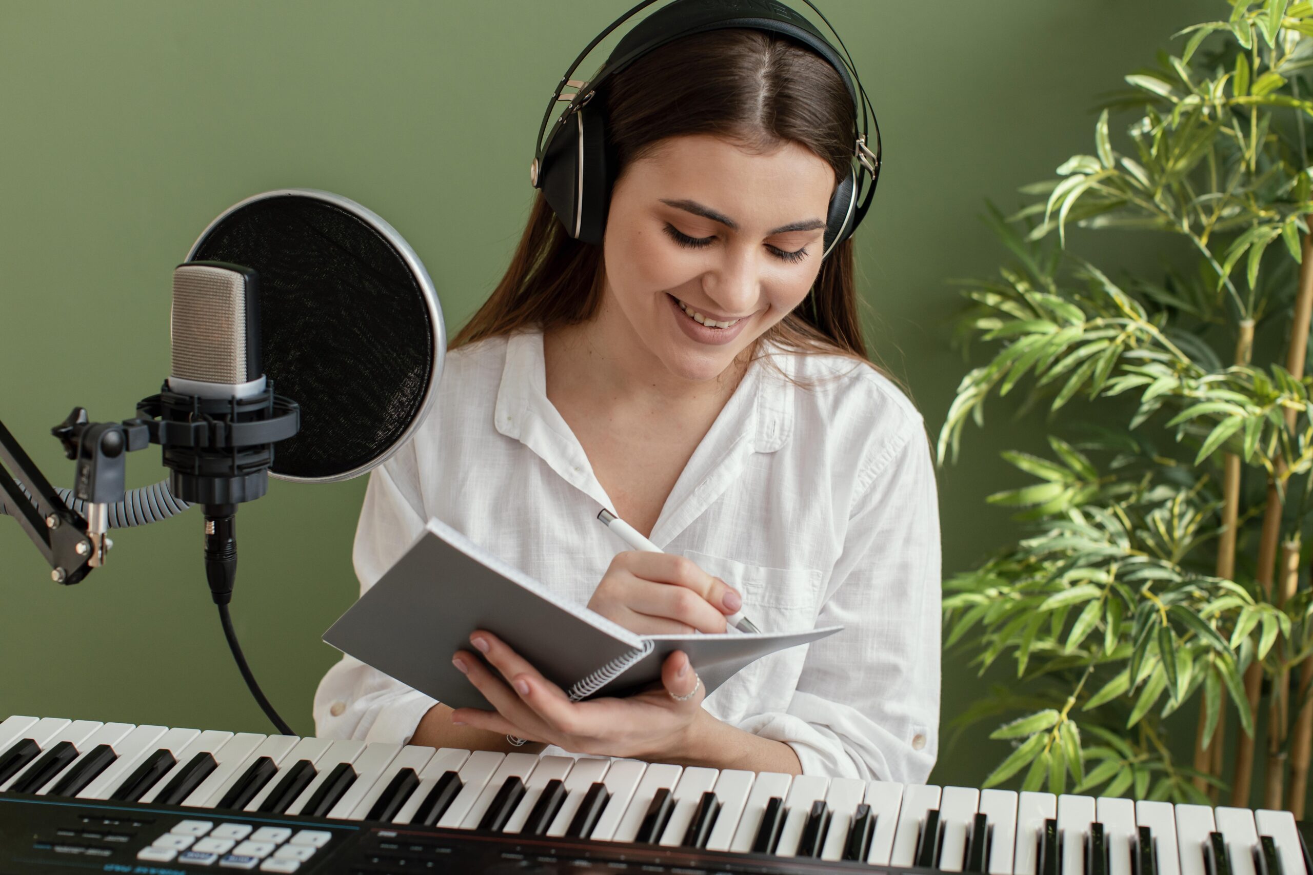 front-view-smiley-female-musician-playing-piano-keyboard-writing-songs-while-recording